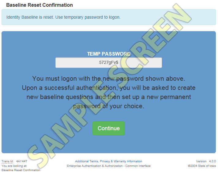 Temporary Password Screen Image